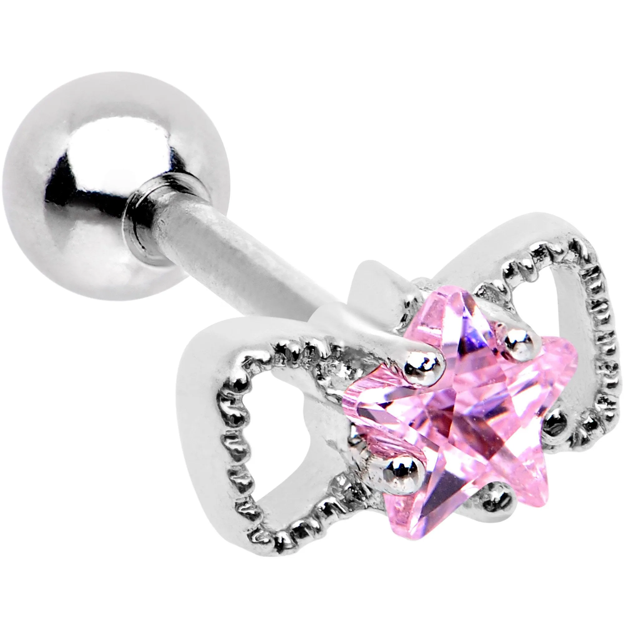 16 Gauge 1/4 Pink Star CZ Gem Bow Tie Cartilage Tragus Earring