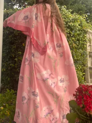 1910s Edwardian Pink Floral Silk Angel Sleeve Dressing Gown