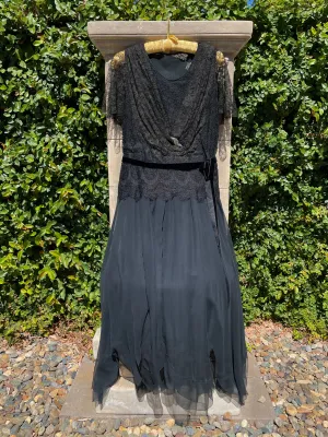 1918 French Flutter Sleeve Drop Waist Lace & Chiffon Dresso