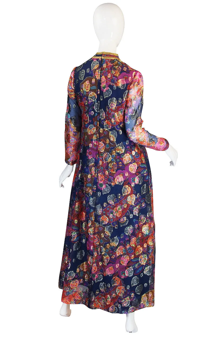 1960s Blue Metallic Organza B Cohen Maxi Dress