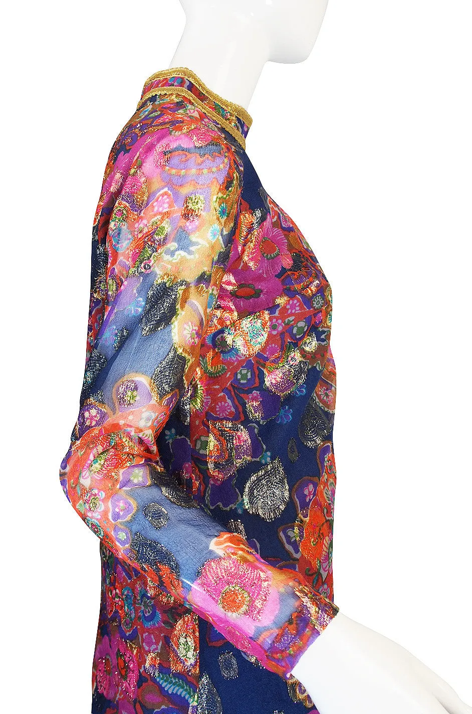1960s Blue Metallic Organza B Cohen Maxi Dress