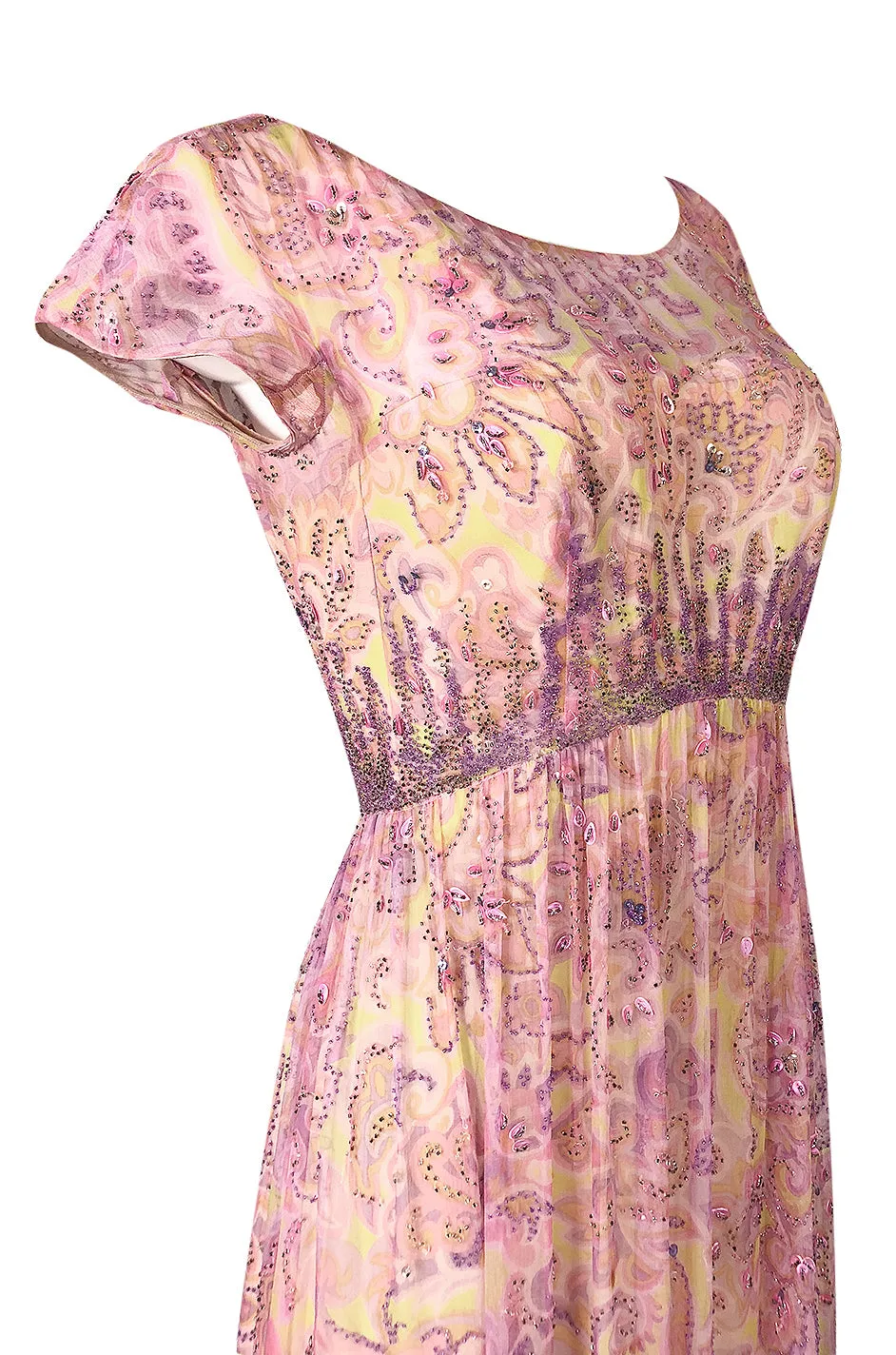 1960s Malcolm Starr Pink & Pale Yellow Silk Chiffon Beaded Dress