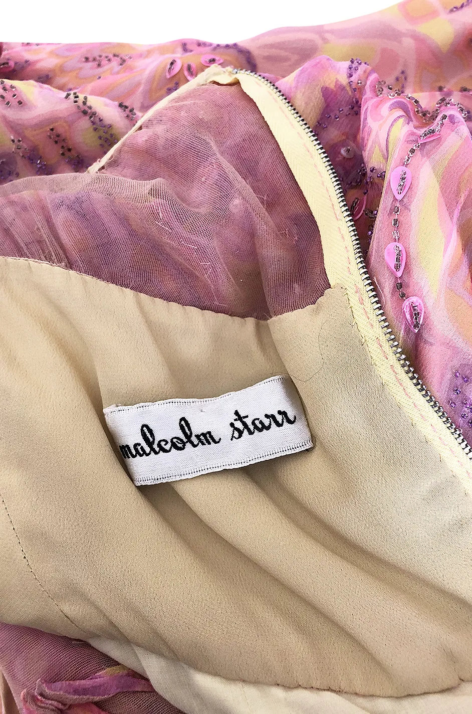 1960s Malcolm Starr Pink & Pale Yellow Silk Chiffon Beaded Dress