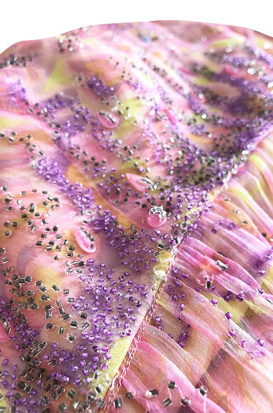1960s Malcolm Starr Pink & Pale Yellow Silk Chiffon Beaded Dress