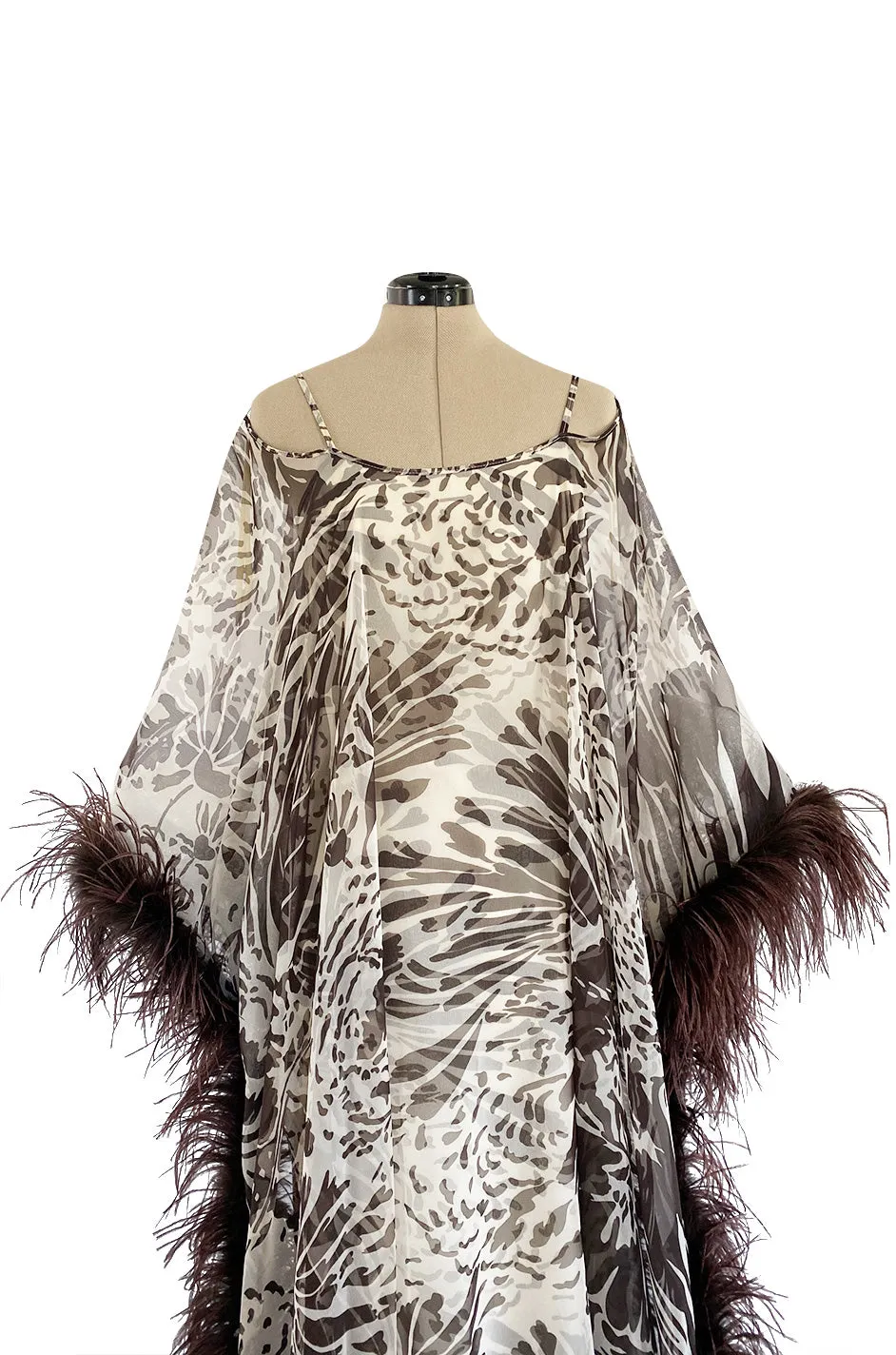 1960s Unlabeled Brown Floral Print Chiffon Caftan Dress w Feather Trim & Bare Shoulder Cut