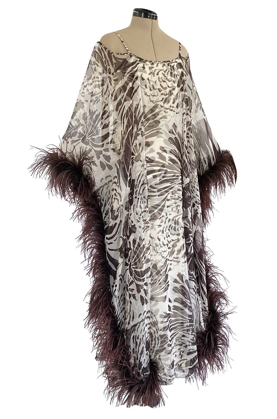 1960s Unlabeled Brown Floral Print Chiffon Caftan Dress w Feather Trim & Bare Shoulder Cut