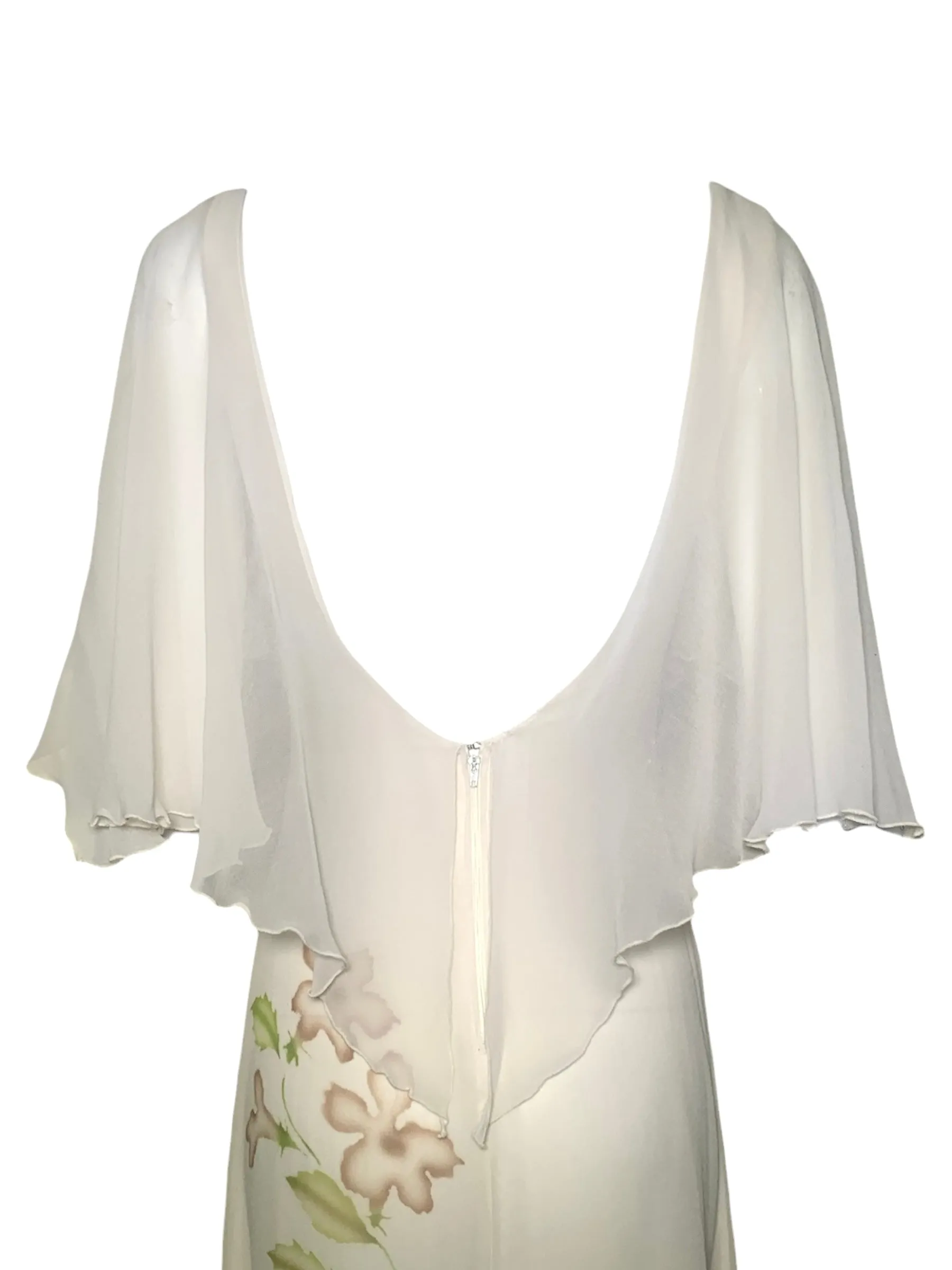 1970s Ivory Chiffon Gown with Hand Painted Florals and Flutter Sleeves