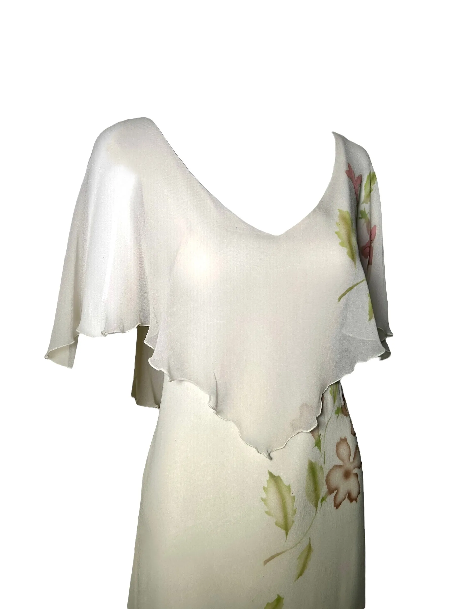 1970s Ivory Chiffon Gown with Hand Painted Florals and Flutter Sleeves