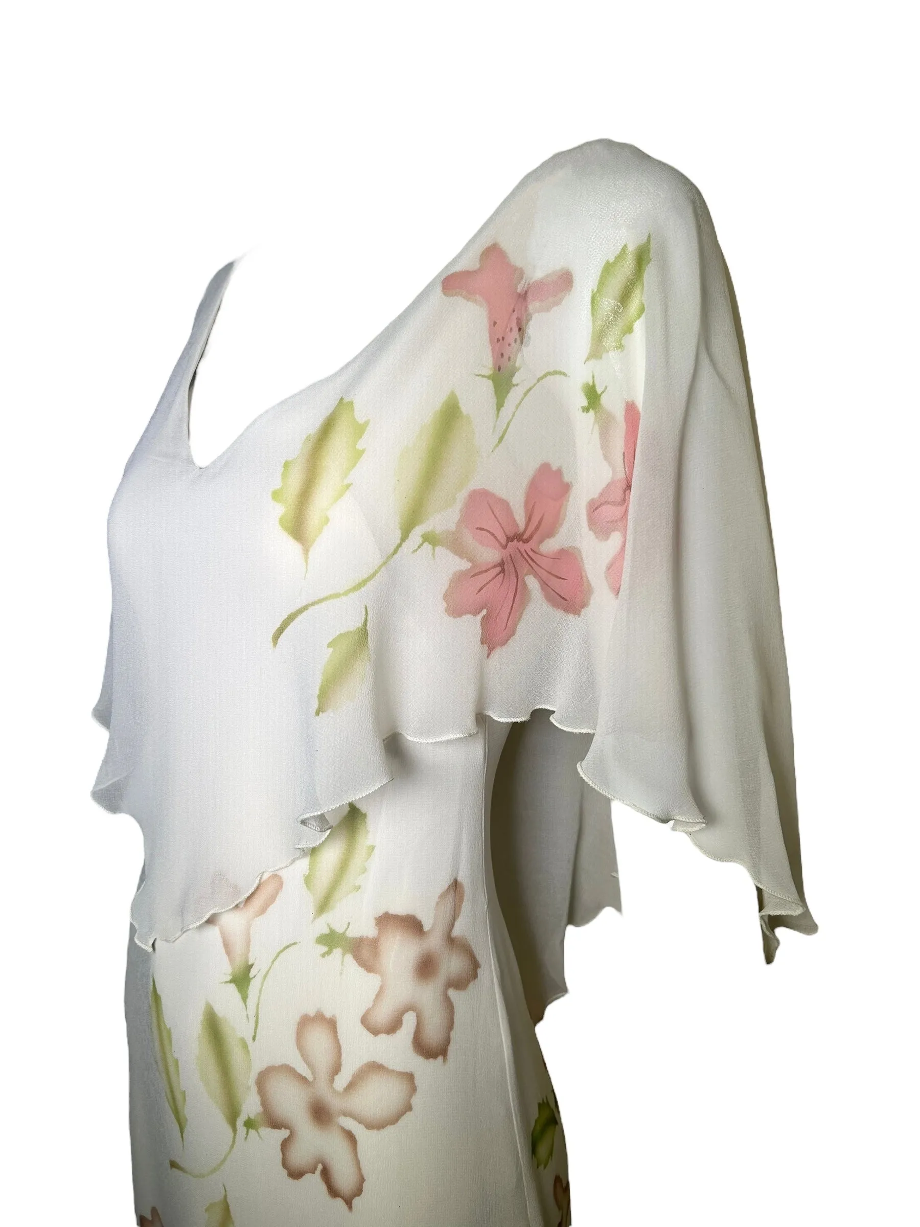 1970s Ivory Chiffon Gown with Hand Painted Florals and Flutter Sleeves