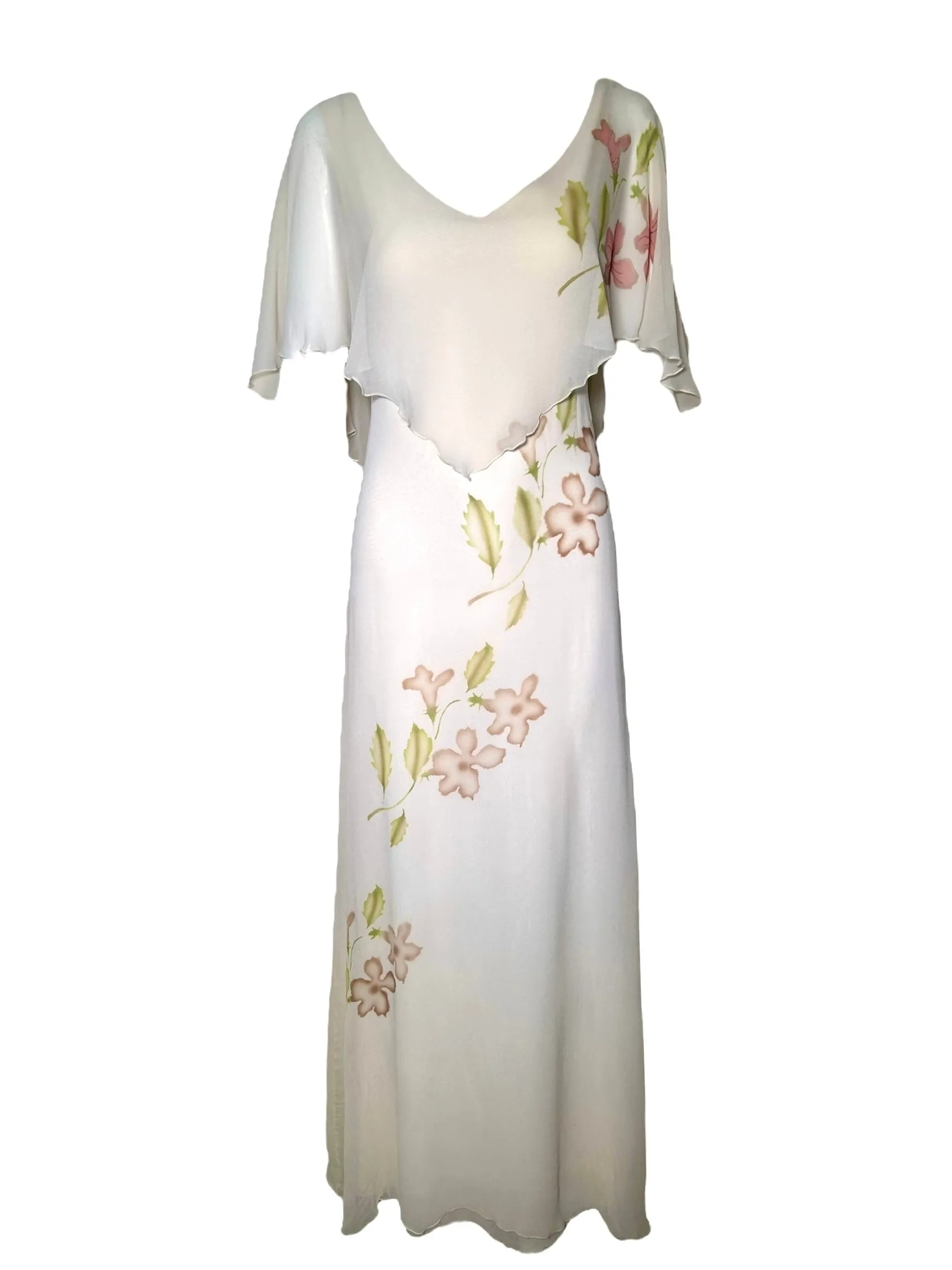 1970s Ivory Chiffon Gown with Hand Painted Florals and Flutter Sleeves