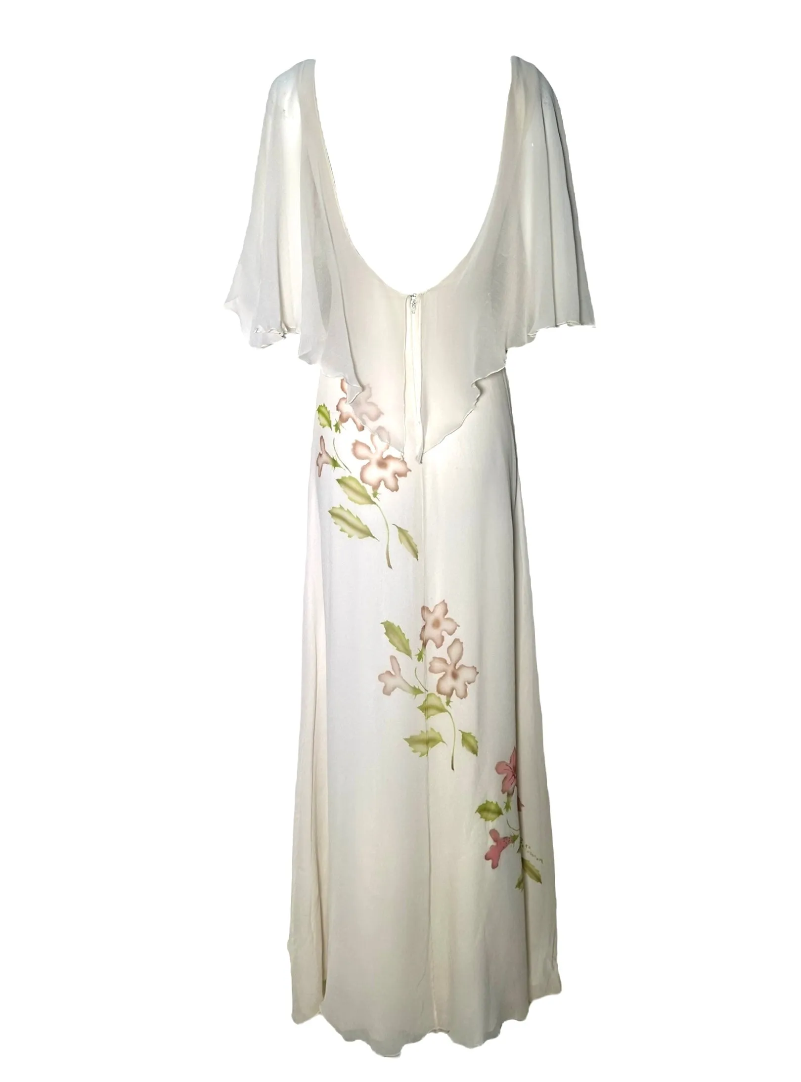 1970s Ivory Chiffon Gown with Hand Painted Florals and Flutter Sleeves