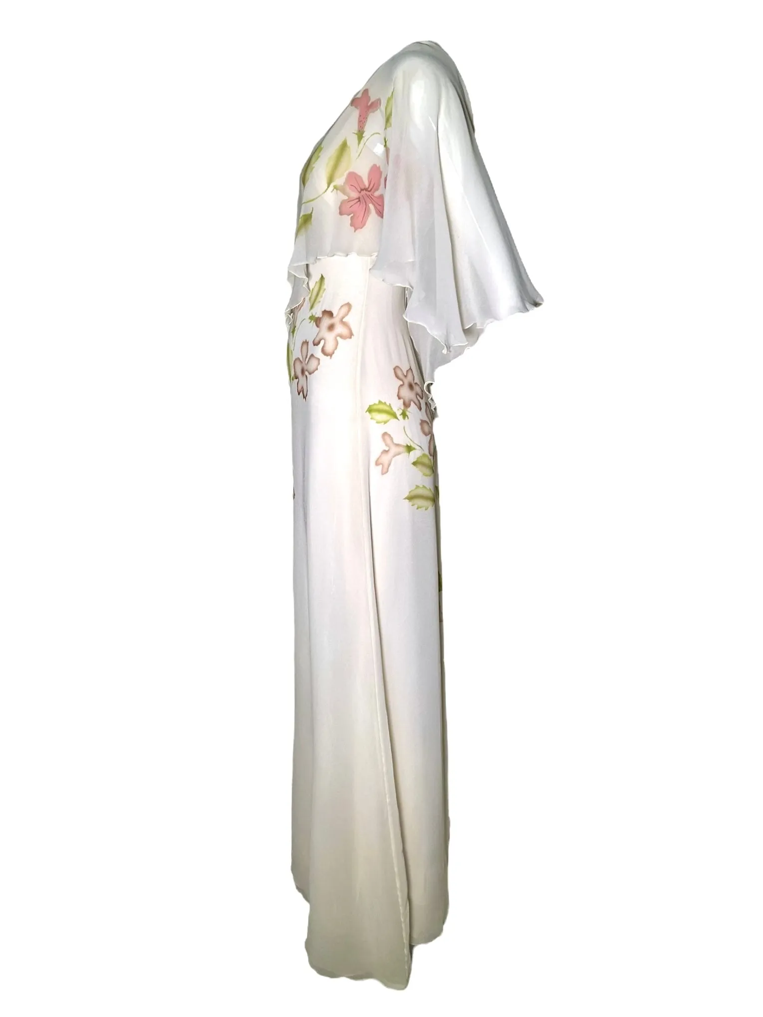 1970s Ivory Chiffon Gown with Hand Painted Florals and Flutter Sleeves