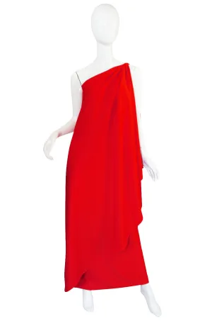 1970s One Shoulder Red Jersey Halston Dress