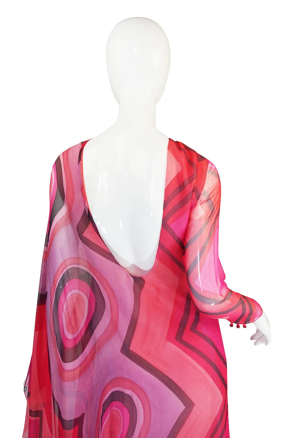 1970s Silk Chiffon Caftan Low Back Gagliano Dress