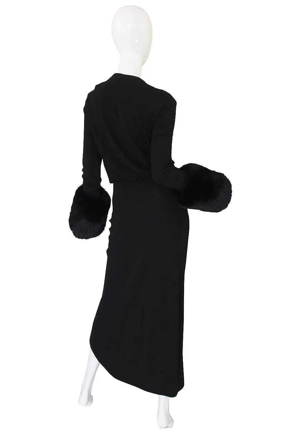 1980s Halston Fur Cuff Black Jersey Gown