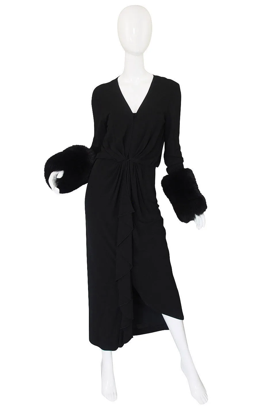 1980s Halston Fur Cuff Black Jersey Gown