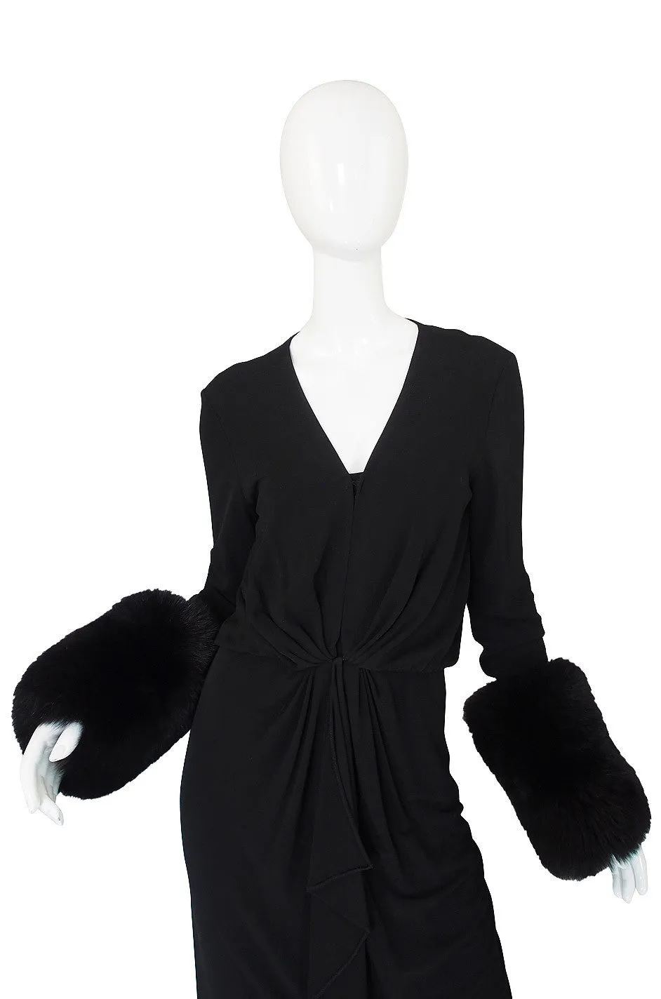 1980s Halston Fur Cuff Black Jersey Gown