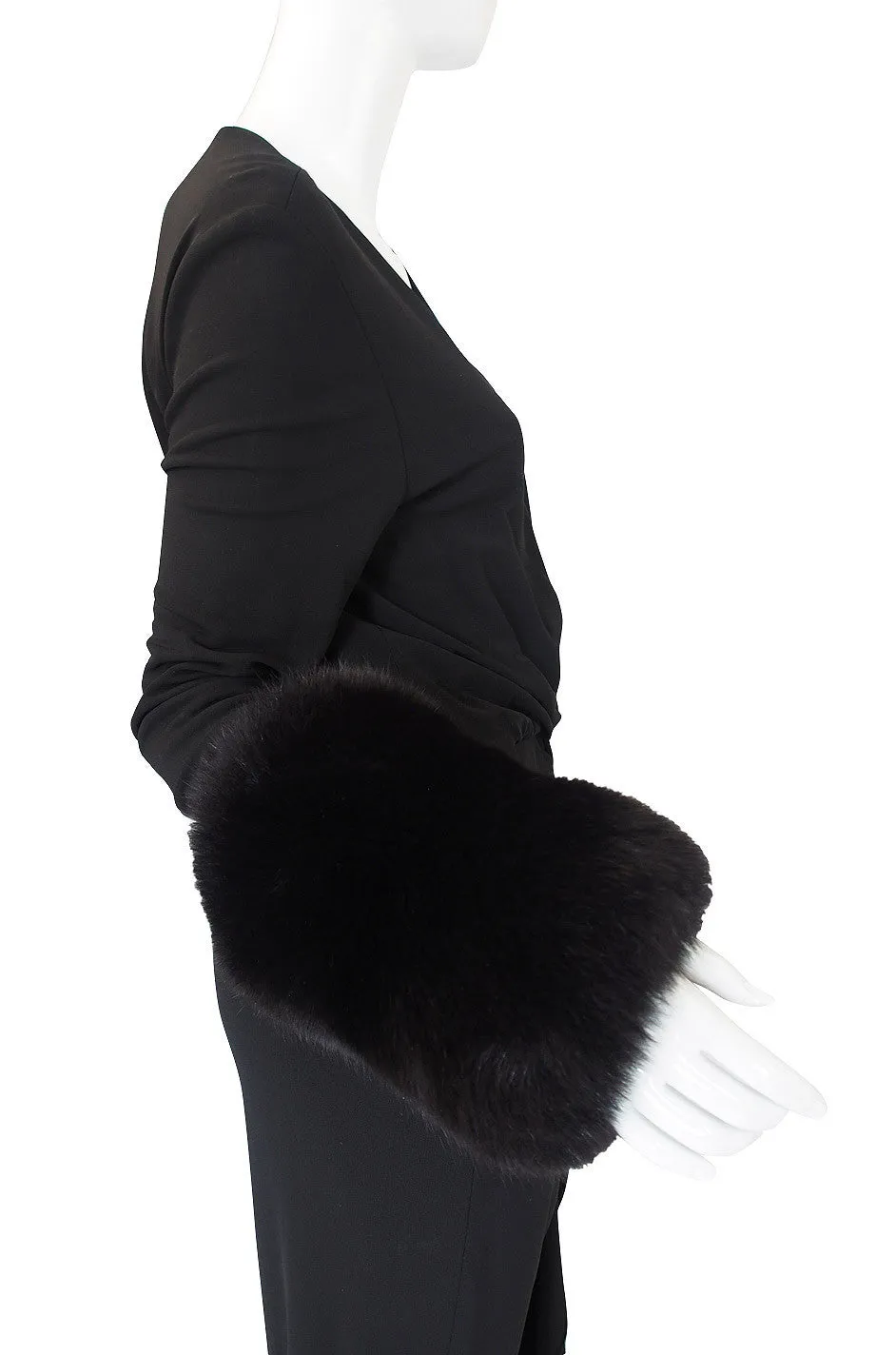 1980s Halston Fur Cuff Black Jersey Gown