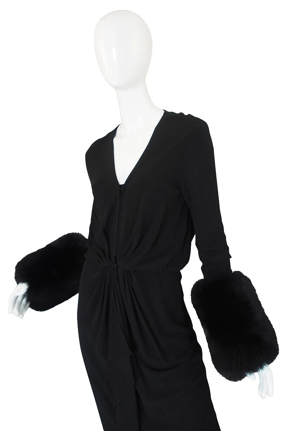 1980s Halston Fur Cuff Black Jersey Gown