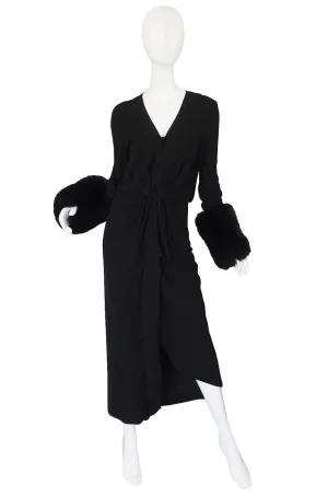 1980s Halston Fur Cuff Black Jersey Gown