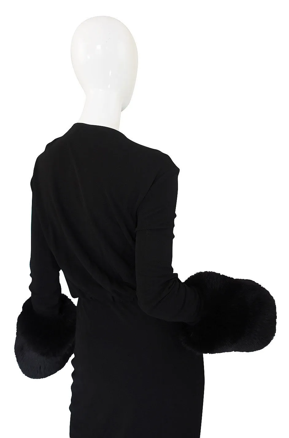 1980s Halston Fur Cuff Black Jersey Gown