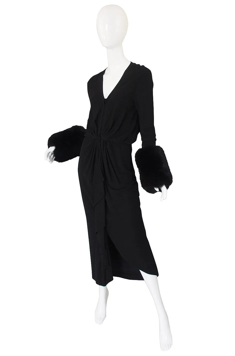 1980s Halston Fur Cuff Black Jersey Gown