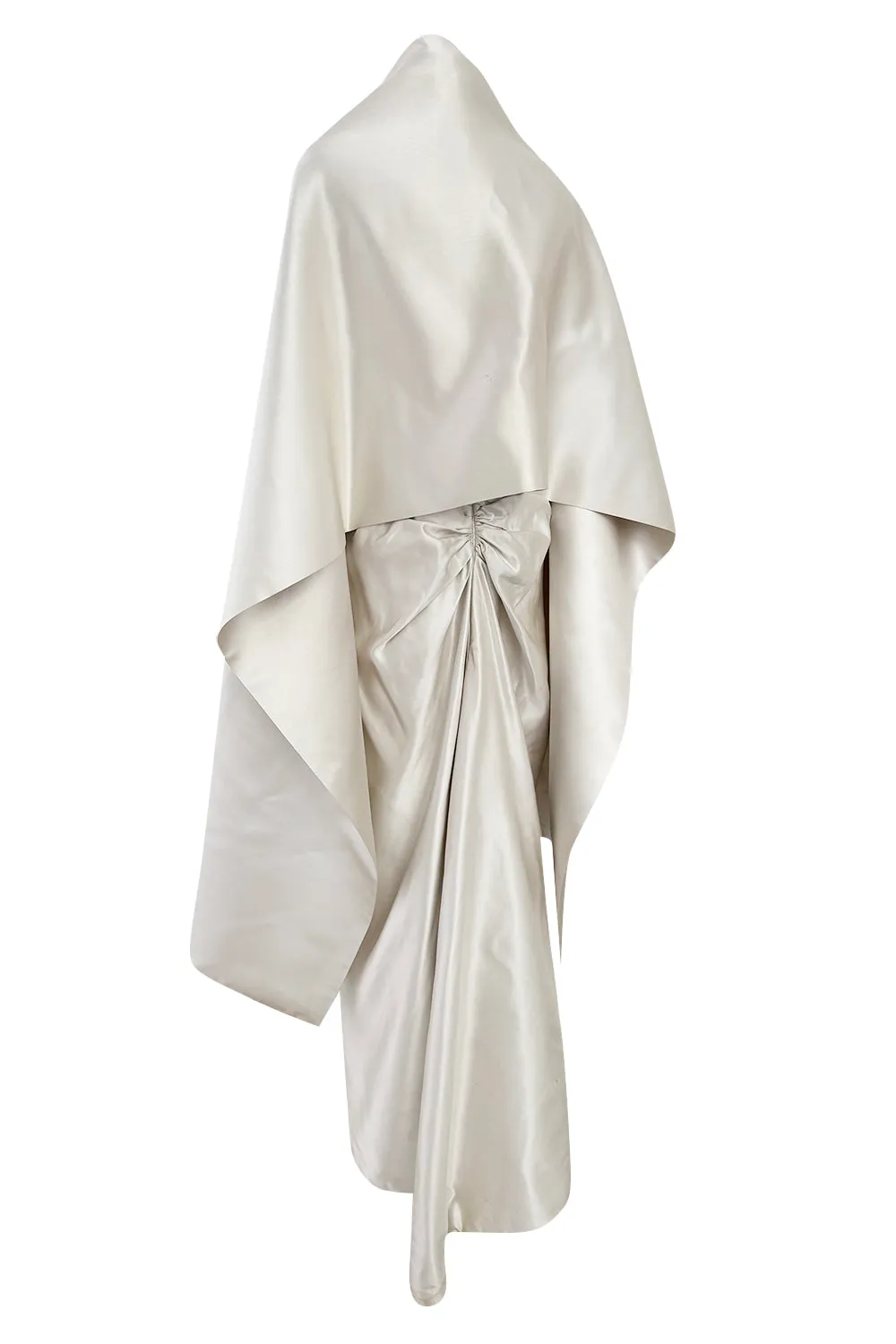 1990s Givenchy Ivory Silver Strapless Silk Dress w Back Gathering & Shawl