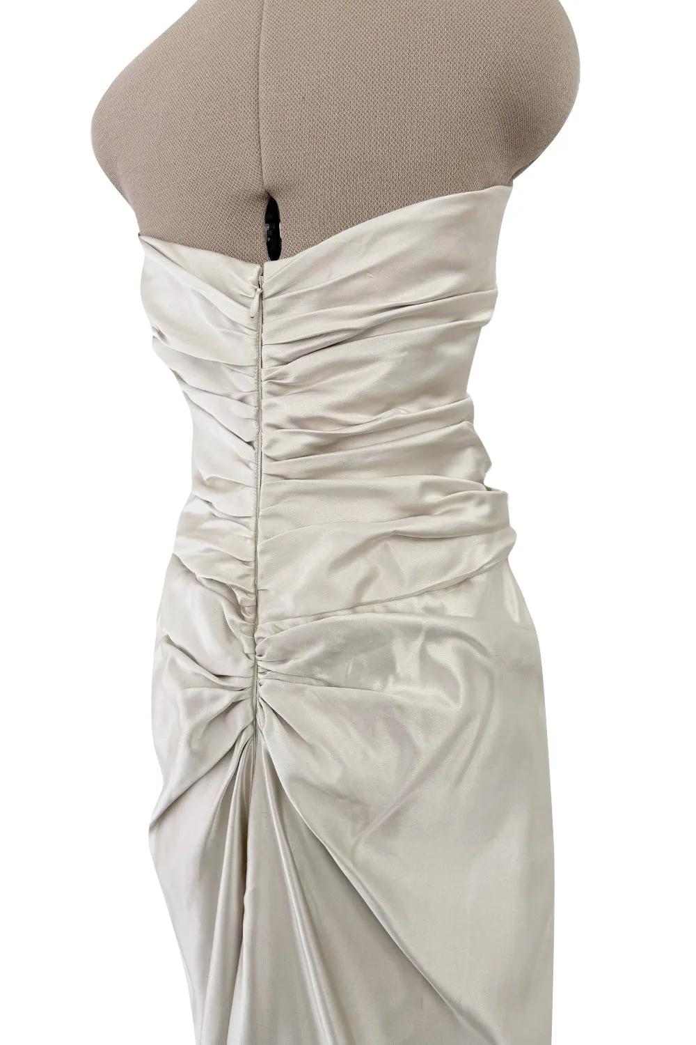 1990s Givenchy Ivory Silver Strapless Silk Dress w Back Gathering & Shawl