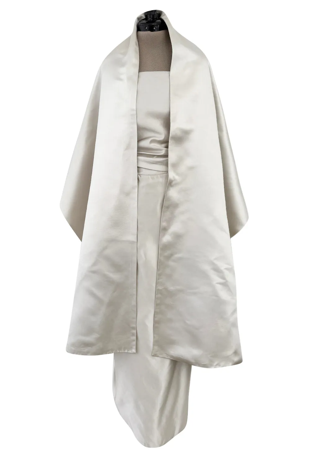 1990s Givenchy Ivory Silver Strapless Silk Dress w Back Gathering & Shawl