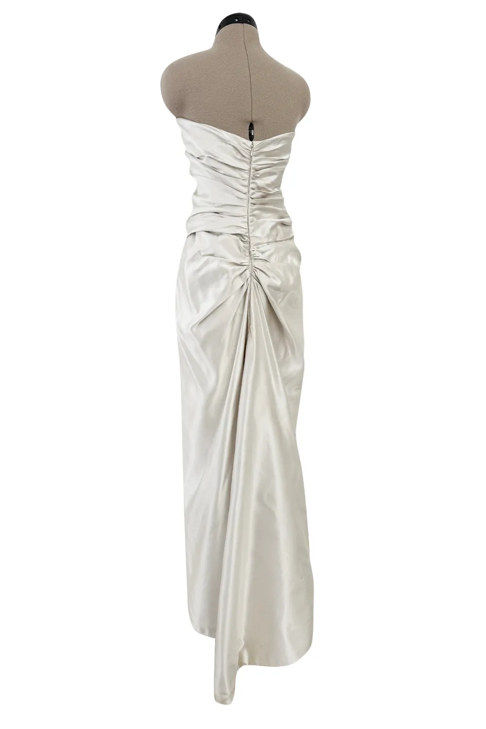 1990s Givenchy Ivory Silver Strapless Silk Dress w Back Gathering & Shawl