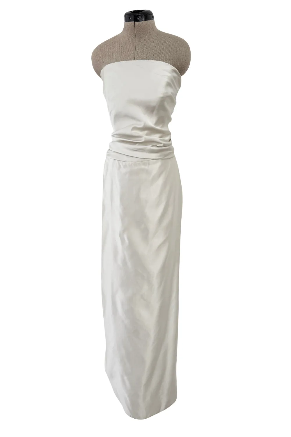 1990s Givenchy Ivory Silver Strapless Silk Dress w Back Gathering & Shawl