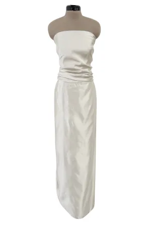 1990s Givenchy Ivory Silver Strapless Silk Dress w Back Gathering & Shawl