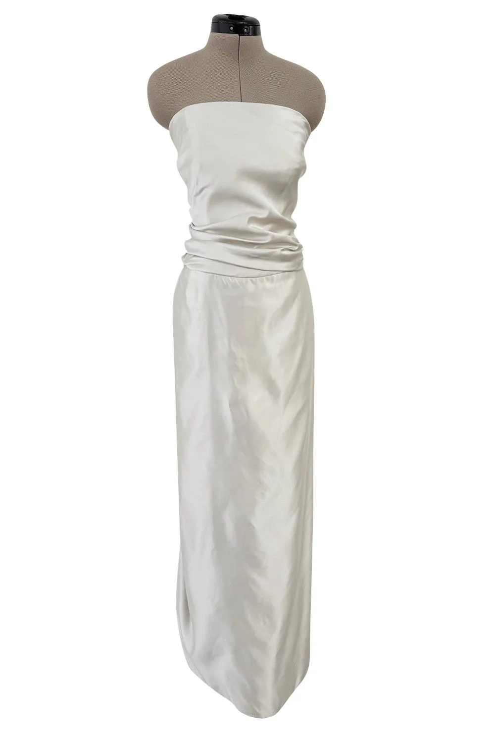 1990s Givenchy Ivory Silver Strapless Silk Dress w Back Gathering & Shawl