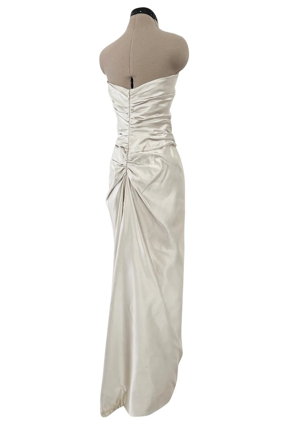 1990s Givenchy Ivory Silver Strapless Silk Dress w Back Gathering & Shawl