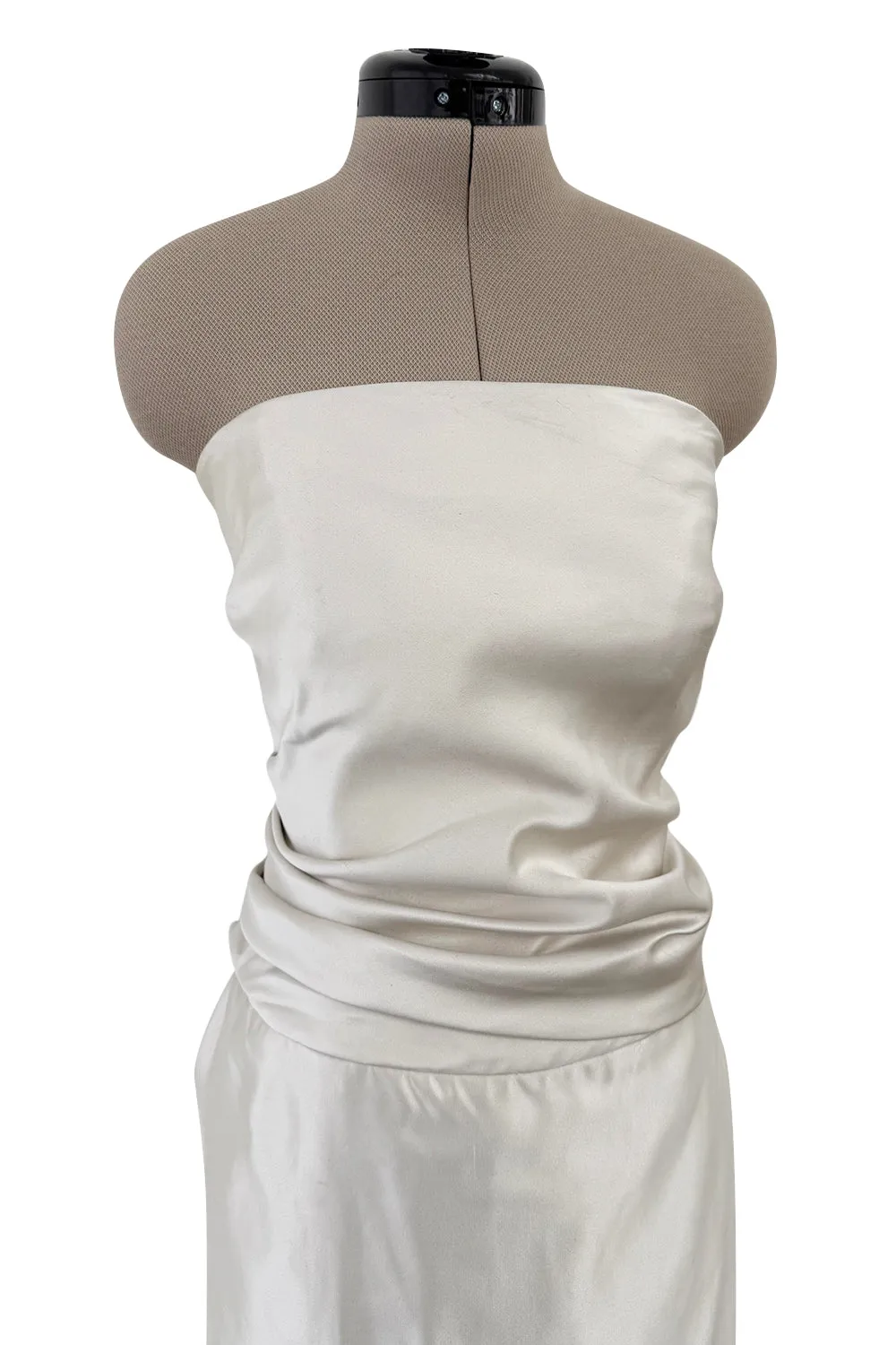 1990s Givenchy Ivory Silver Strapless Silk Dress w Back Gathering & Shawl