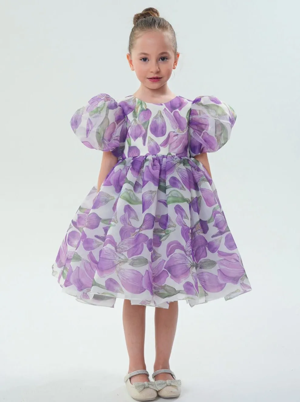 2Bunnies Organza Tulle Babydoll Girl Dress in Purple Flower