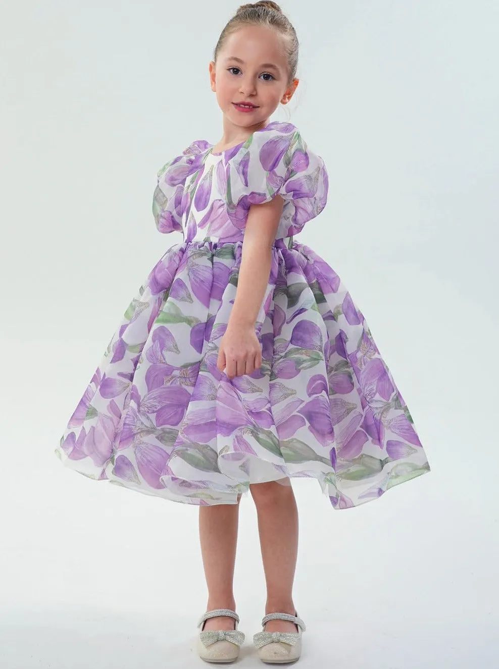 2Bunnies Organza Tulle Babydoll Girl Dress in Purple Flower