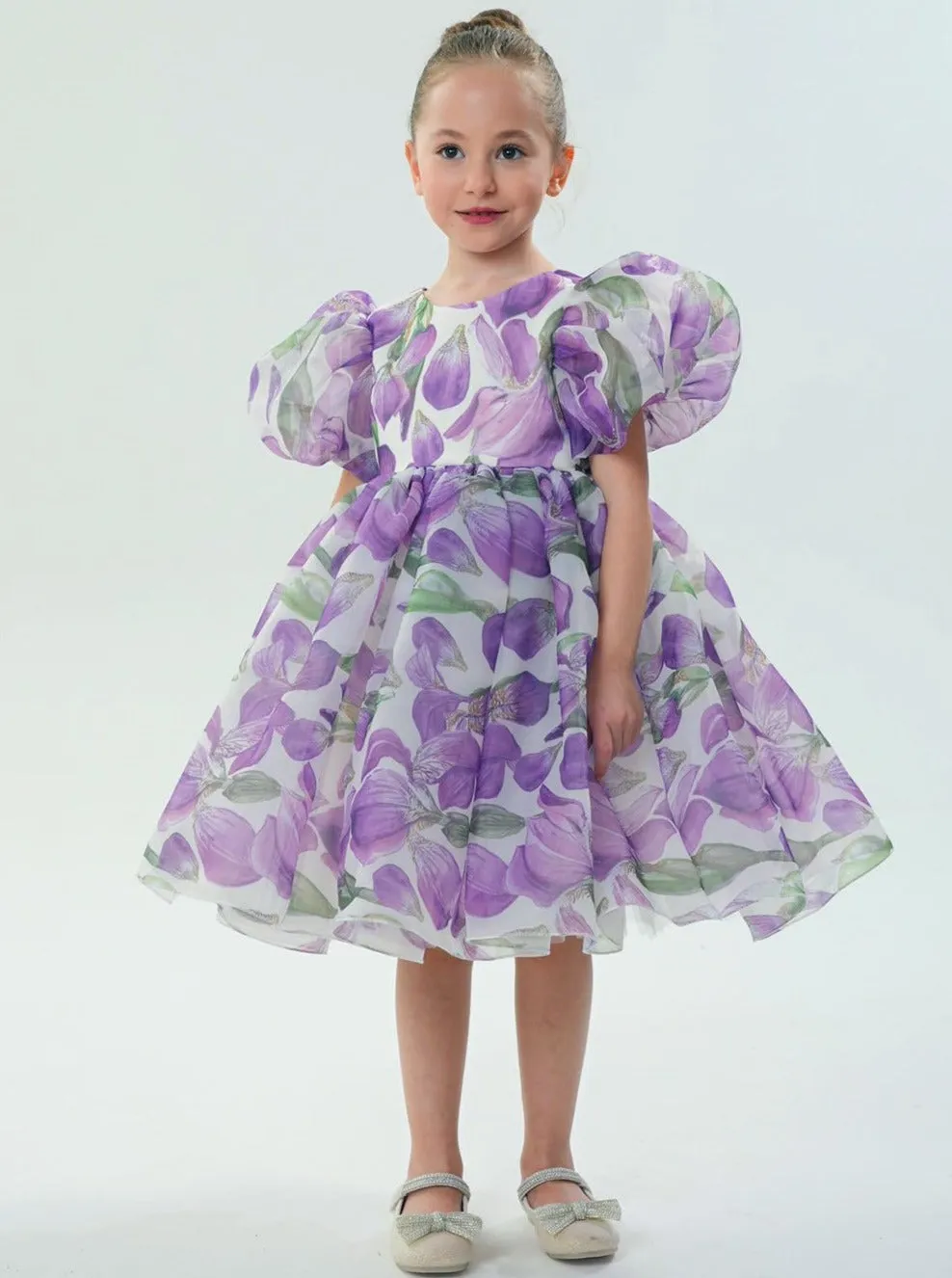 2Bunnies Organza Tulle Babydoll Girl Dress in Purple Flower