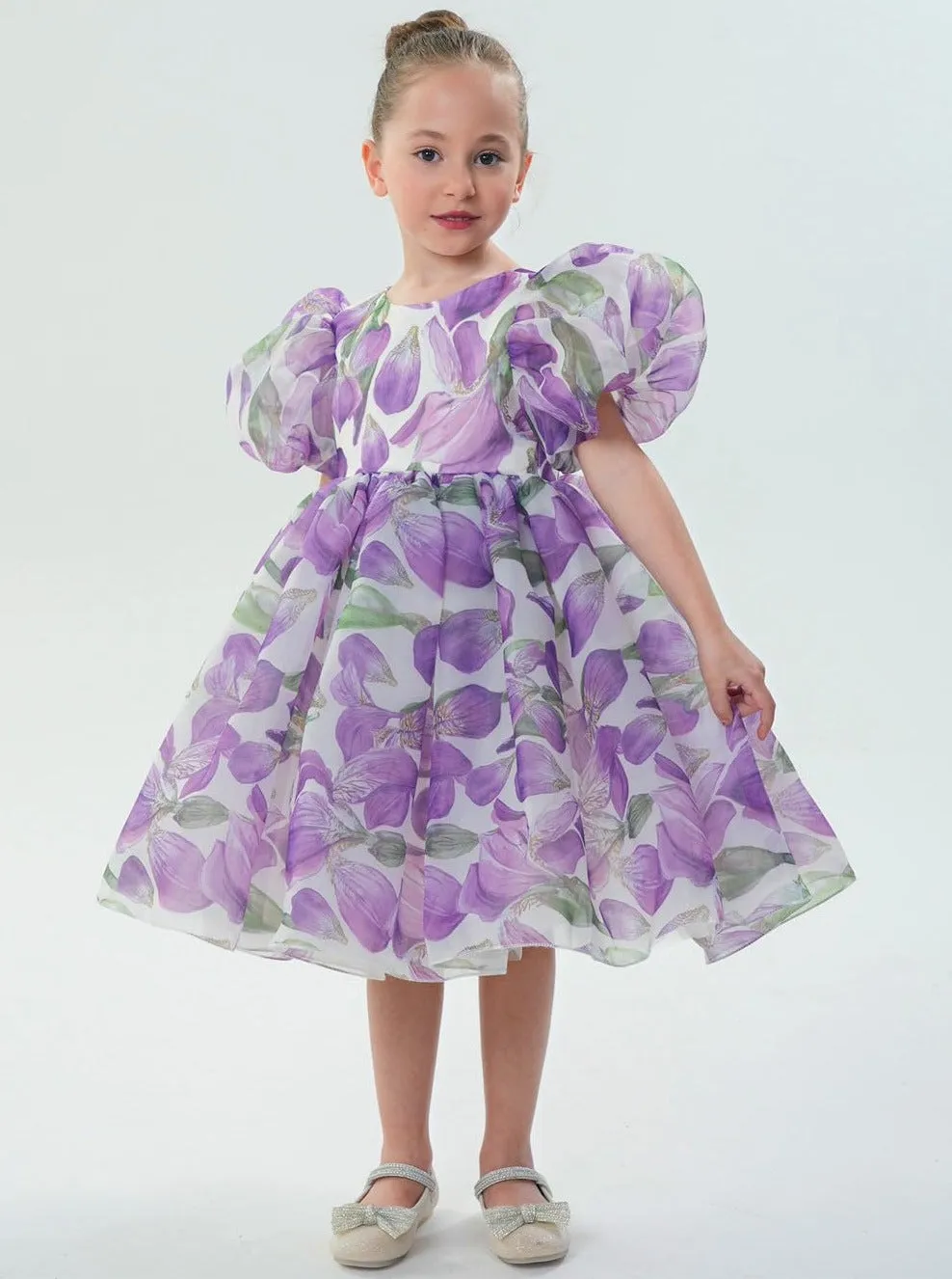 2Bunnies Organza Tulle Babydoll Girl Dress in Purple Flower