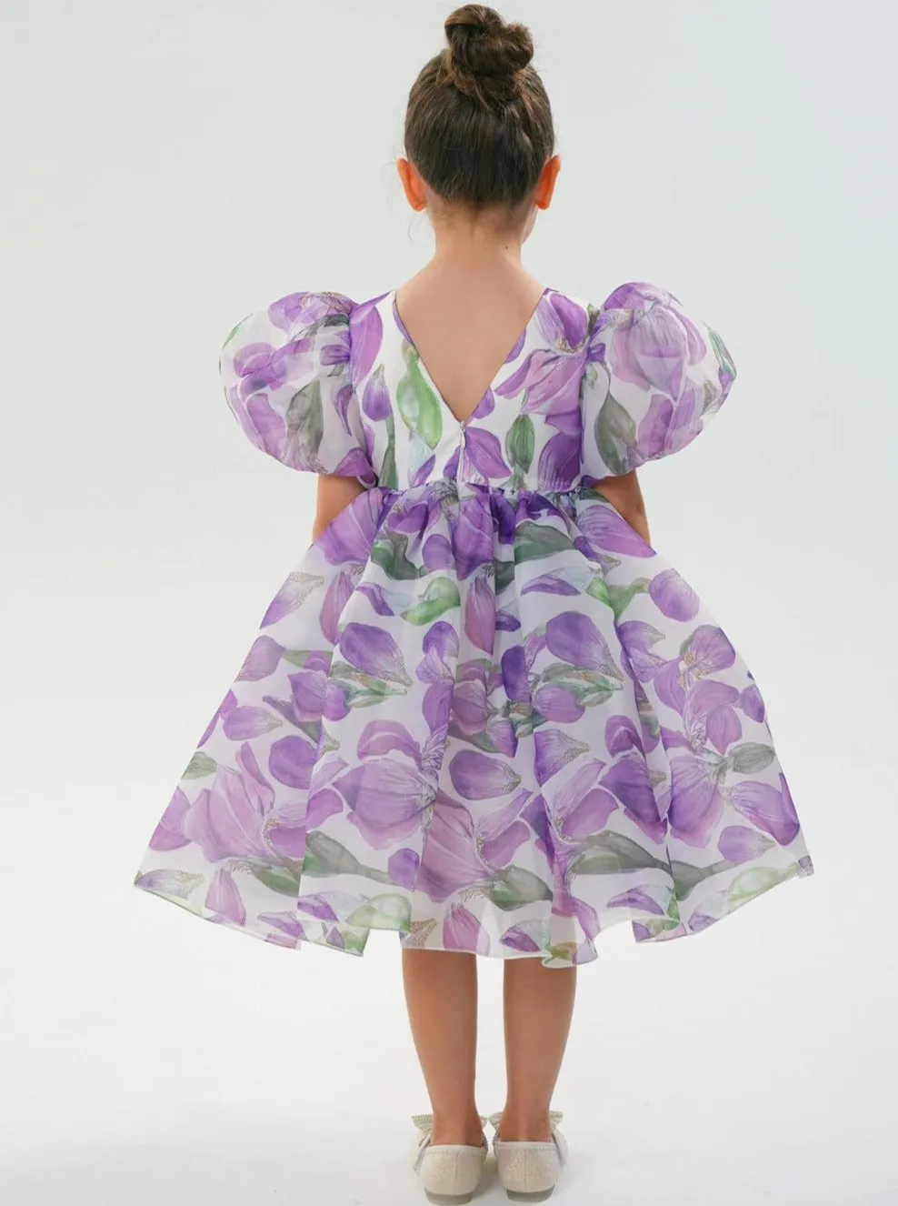 2Bunnies Organza Tulle Babydoll Girl Dress in Purple Flower