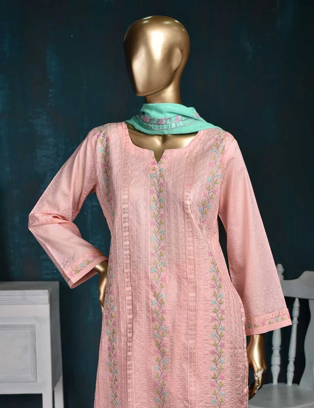3 Pc Printed and Embroidered Cotton Dress with Embroidered Chiffon Dupatta - Frontline (CE-3A-Pink)