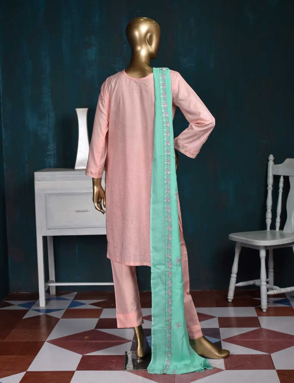 3 Pc Printed and Embroidered Cotton Dress with Embroidered Chiffon Dupatta - Frontline (CE-3A-Pink)
