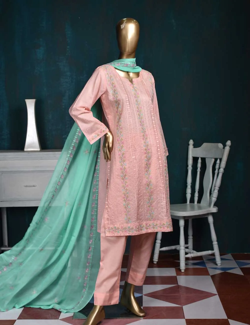 3 Pc Printed and Embroidered Cotton Dress with Embroidered Chiffon Dupatta - Frontline (CE-3A-Pink)