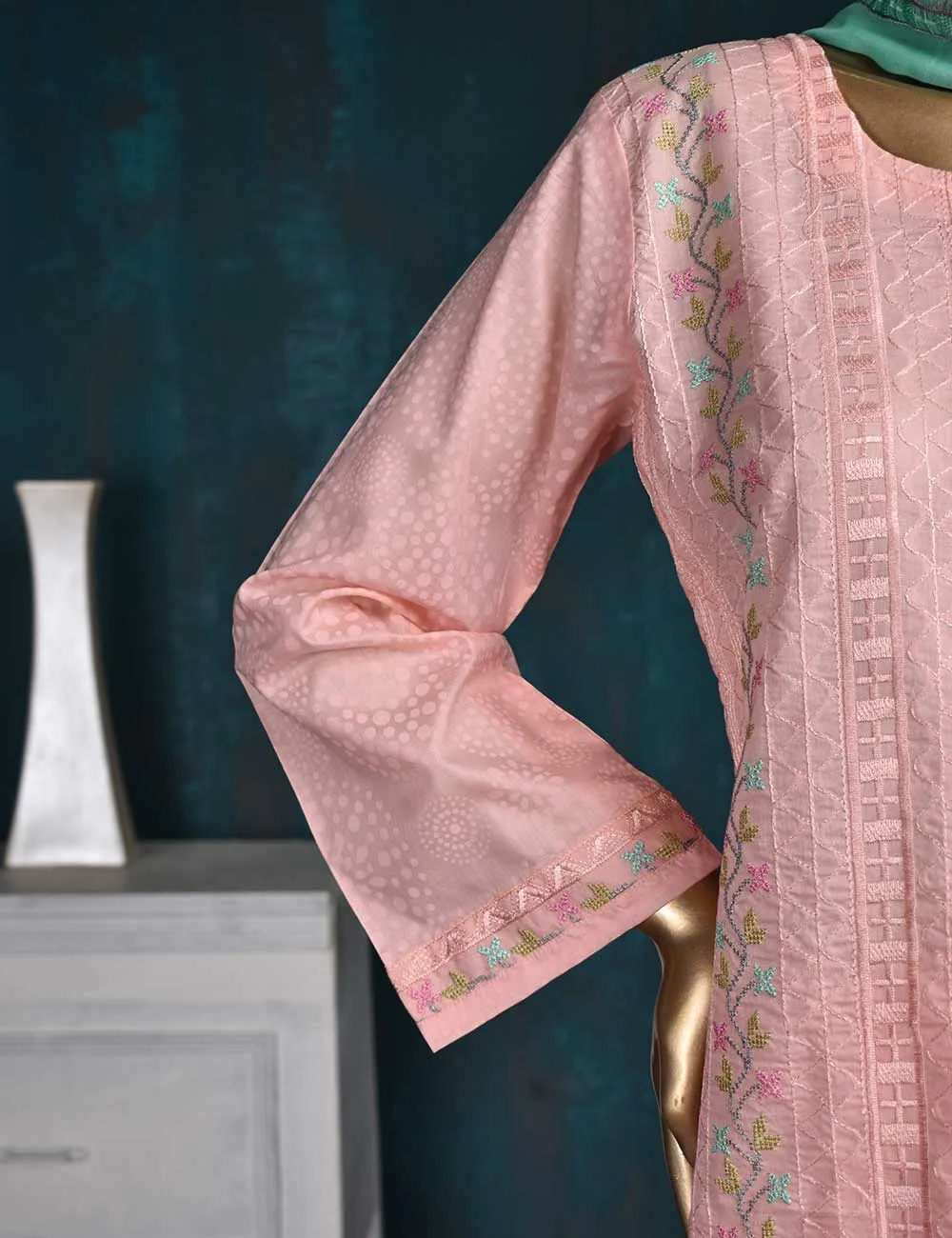 3 Pc Printed and Embroidered Cotton Dress with Embroidered Chiffon Dupatta - Frontline (CE-3A-Pink)