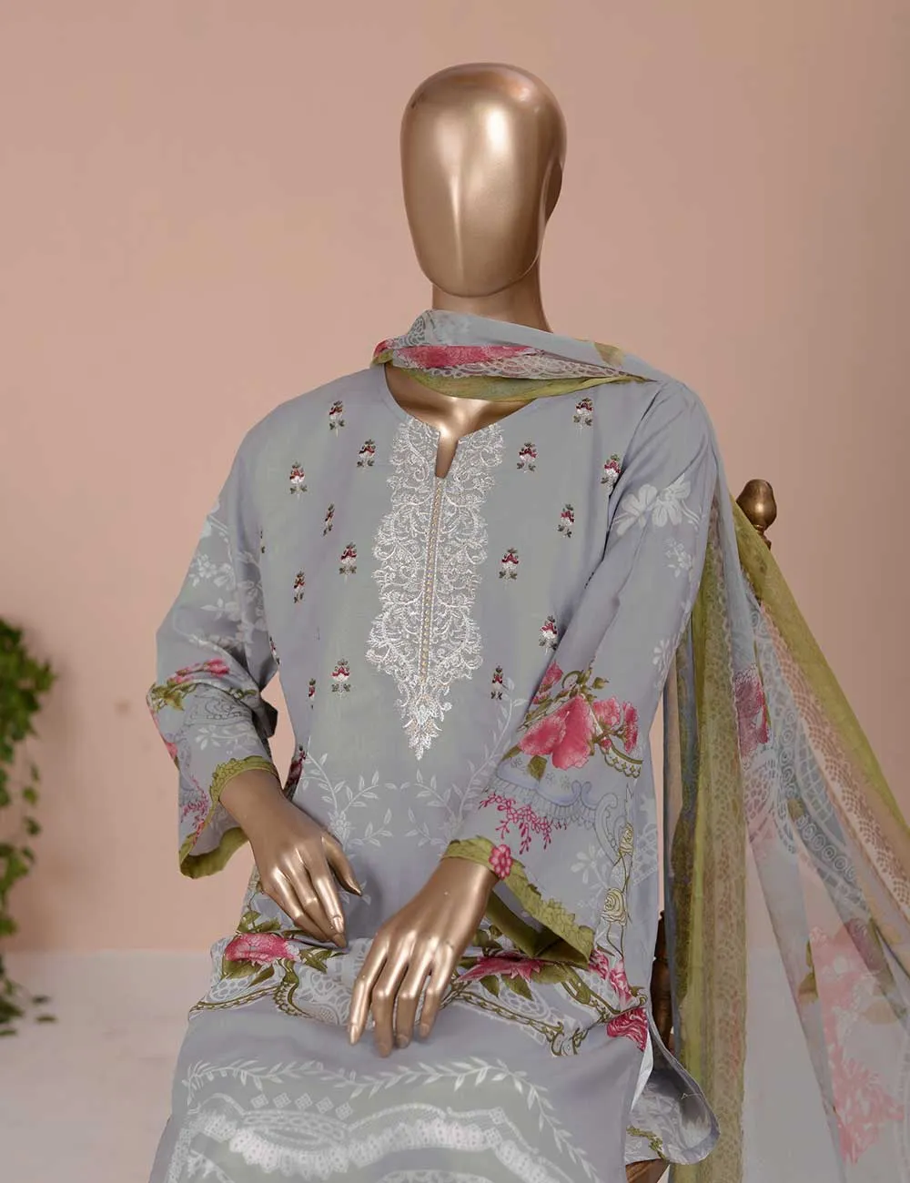 3 Pc Unstitched Lawn Embroidered Dress with Chiffon Dupatta - Gorgeous Fluke (EC-3B)