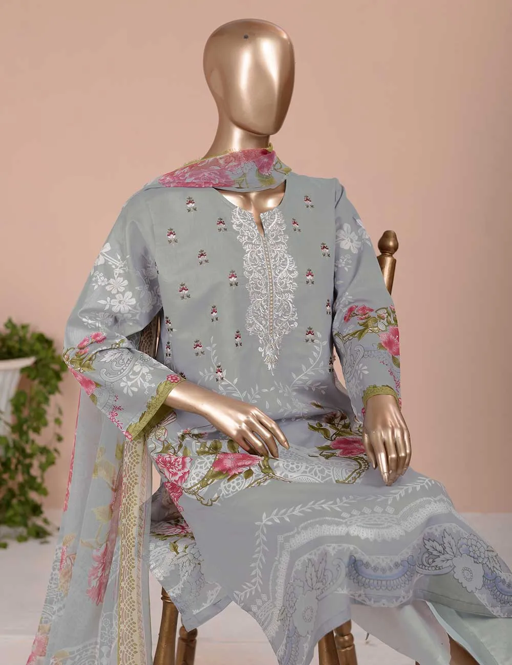 3 Pc Unstitched Lawn Embroidered Dress with Chiffon Dupatta - Gorgeous Fluke (EC-3B)