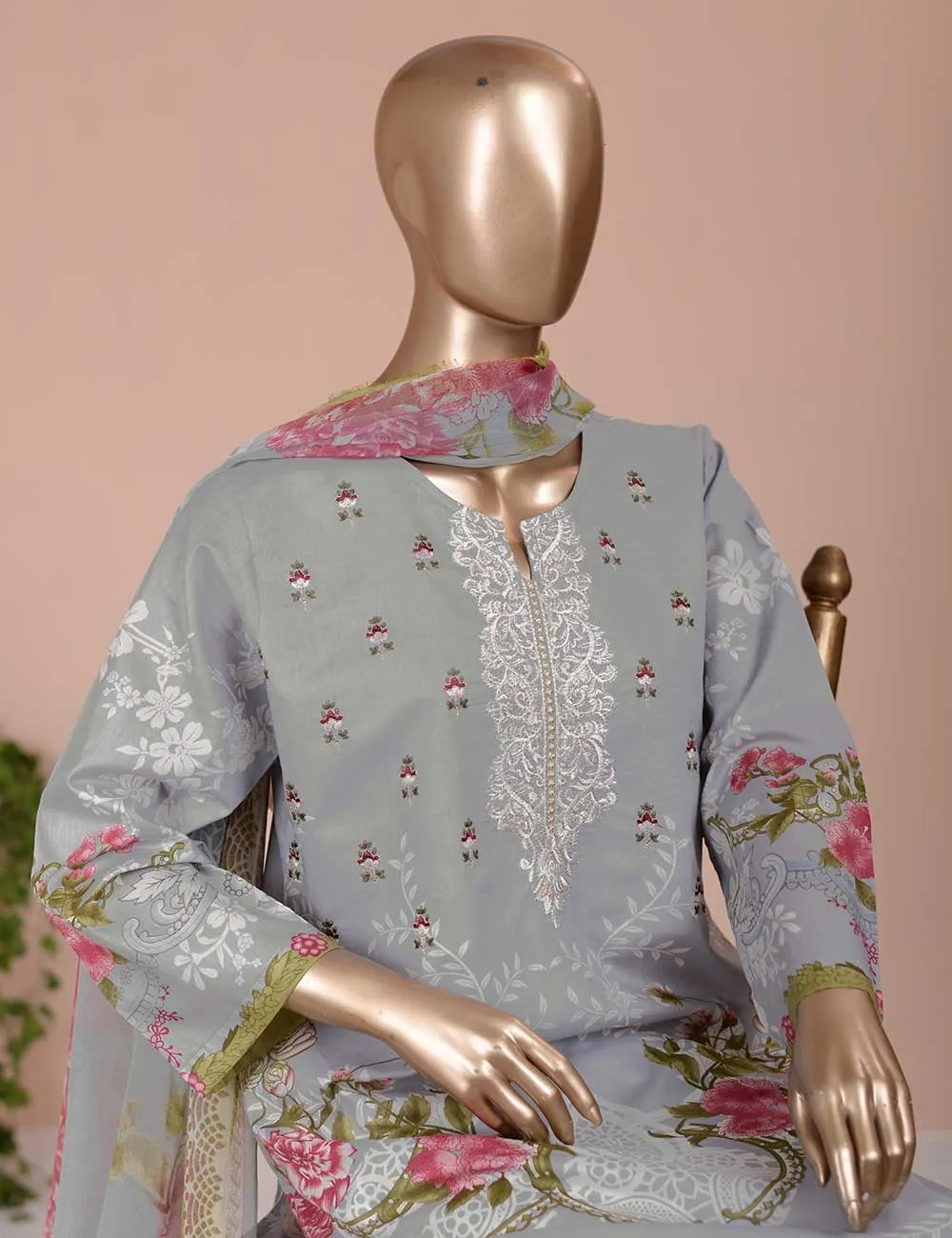 3 Pc Unstitched Lawn Embroidered Dress with Chiffon Dupatta - Gorgeous Fluke (EC-3B)