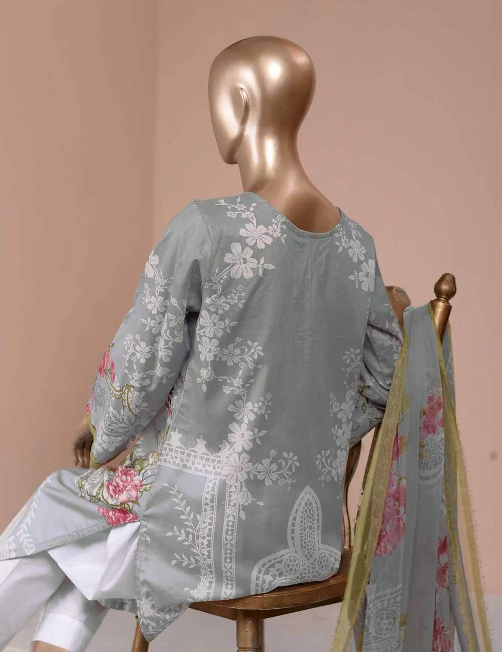 3 Pc Unstitched Lawn Embroidered Dress with Chiffon Dupatta - Gorgeous Fluke (EC-3B)
