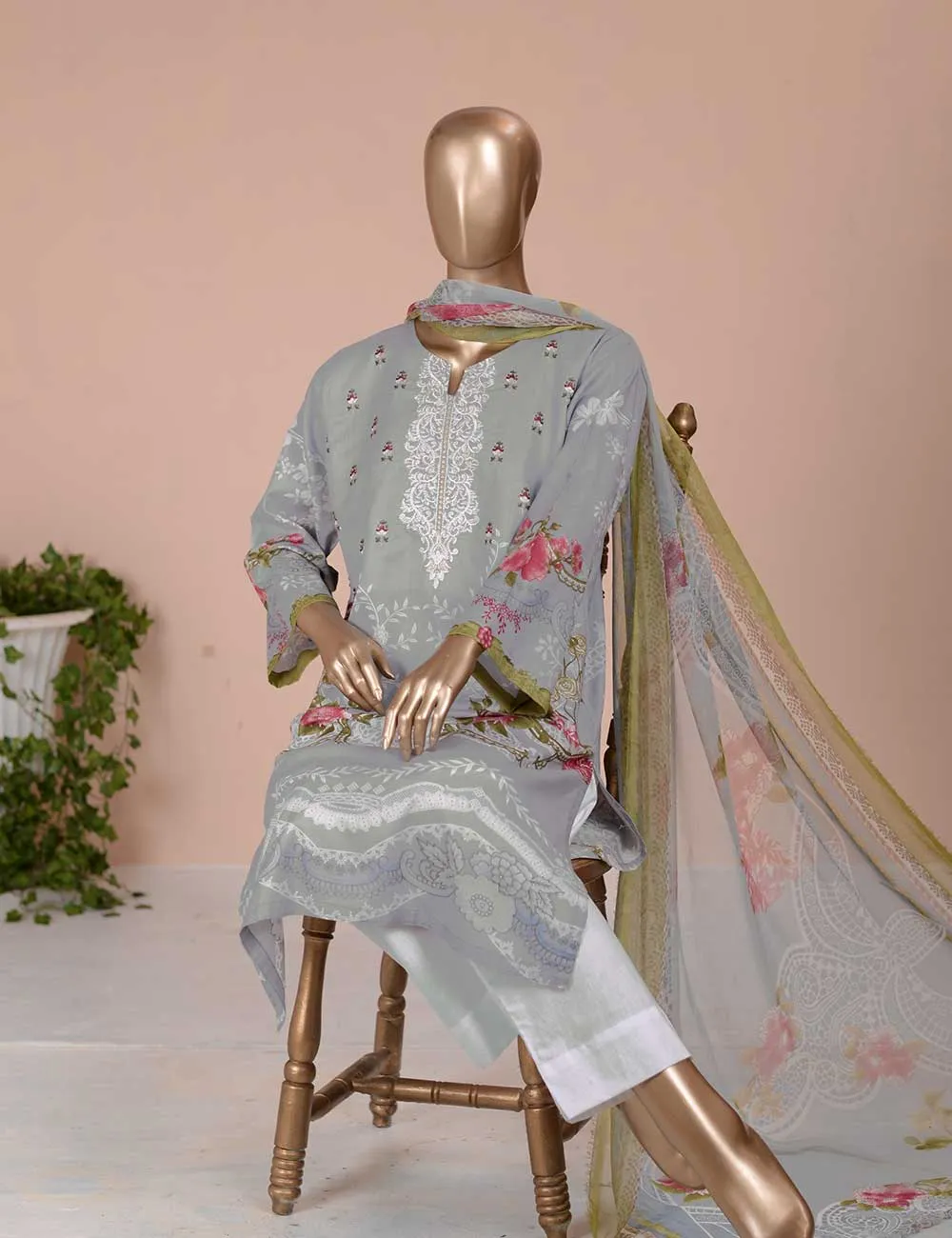 3 Pc Unstitched Lawn Embroidered Dress with Chiffon Dupatta - Gorgeous Fluke (EC-3B)