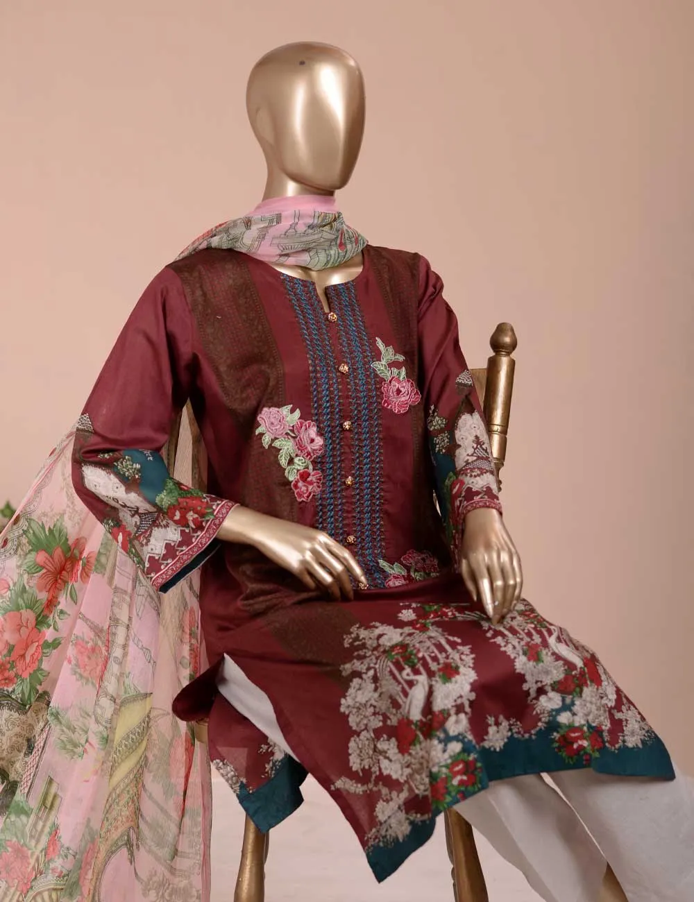 3 Pc Unstitched Lawn Embroidered Dress with Chiffon Dupatta - Summer Love (EC-6B)